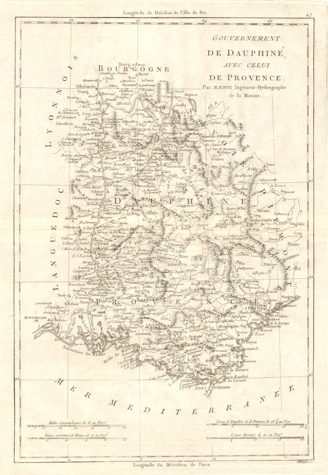 Gouvernement de Dauphiné avec celui de Provence. Rhone Alpes. BONNE 1789 map